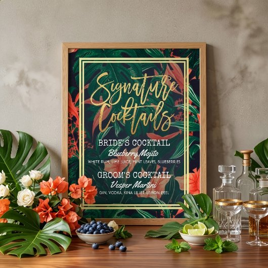 Poster Menu des boissons signatures de mariage floral tro