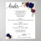Poster Menu des boissons signe mariage floral navy bordea (Devant)