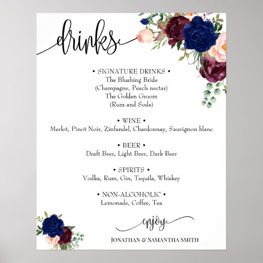 Poster Menu des boissons signe mariage floral navy burgun (Devant)