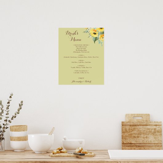 Poster Menu des boissons Tournesols Verdure Mariage de ma (Cuisine)