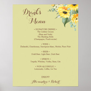 Poster Menu des boissons Tournesols Verdure Mariage de ma
