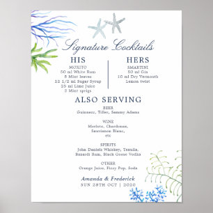 Poster Menu des cocktails de mariage de plage aux algues