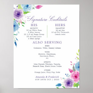 Poster Menu des cocktails signature de mariage floral aqu