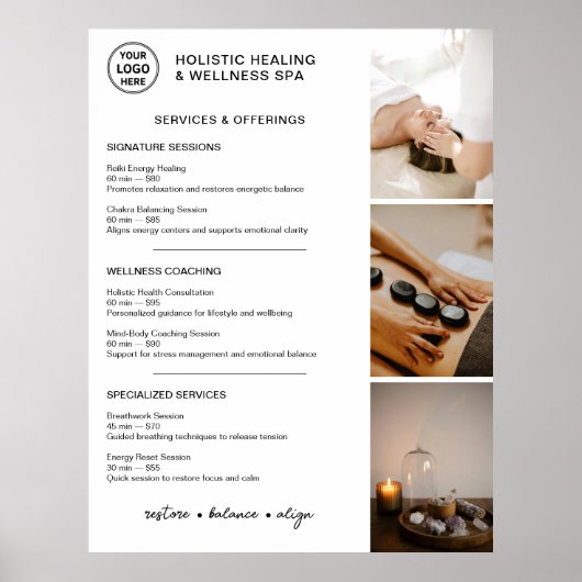 Poster Menu des services de bien-être holistique Blanc (Devant)