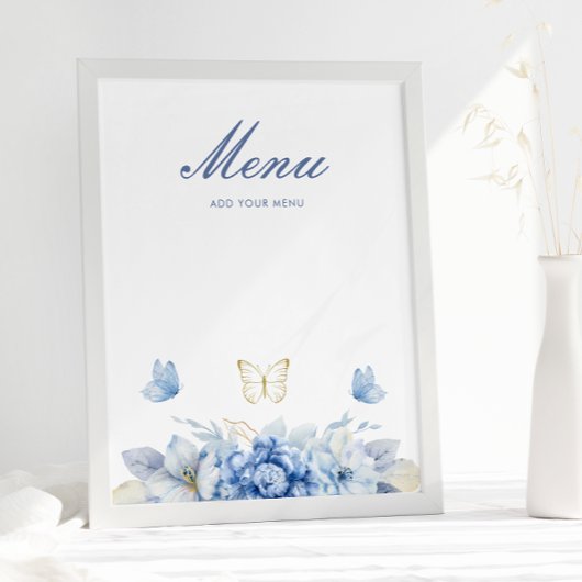 Poster Menu du Baby shower de petit papillon bleu