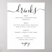 Menu du bar à boissons de mariage noir et blanc