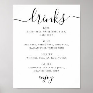 Poster Menu du bar à boissons de mariage noir et blanc