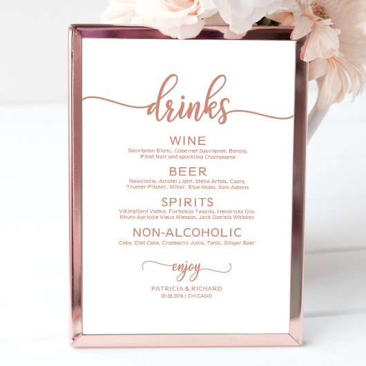 Poster Menu du bar de boissons de mariage calligraphie ro