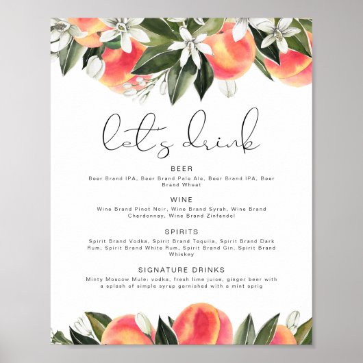 Poster Menu du bar de boissons SAVANNAH Peach (Devant)