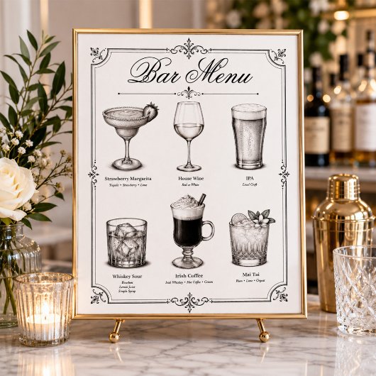 Poster Menu du bar de cocktail de calligraphie classique