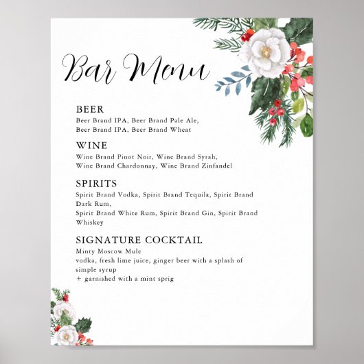 Poster Menu du bar de la douche de mariée d'hiver de Noël (Devant)
