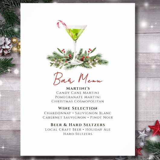 Poster Menu du bar de la soirée de Noël Martinis et Gui