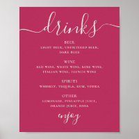 Menu du bar de mariage à l'écriture rose framboise