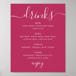 Poster Menu du bar de mariage à l'écriture rose framboise