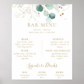 Poster Menu du bar de mariage au eucalyptus vert or Poste (Devant)