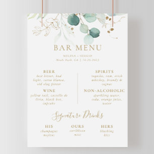 Poster Menu du bar de mariage au eucalyptus vert or Poste