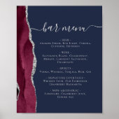 Poster Menu du bar de mariage Bourgogne Argent Agate Bleu (Devant)