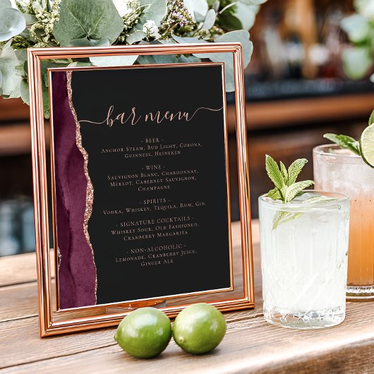 Poster Menu du bar de mariage Bourgogne Rose Or Agate Fon