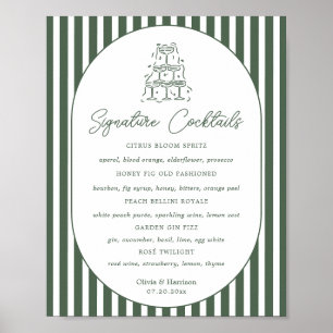 Poster Menu du bar de mariage cabana prépa rayé vert