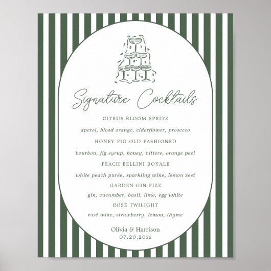 Poster Menu du bar de mariage cabana prépa rayé vert (Devant)