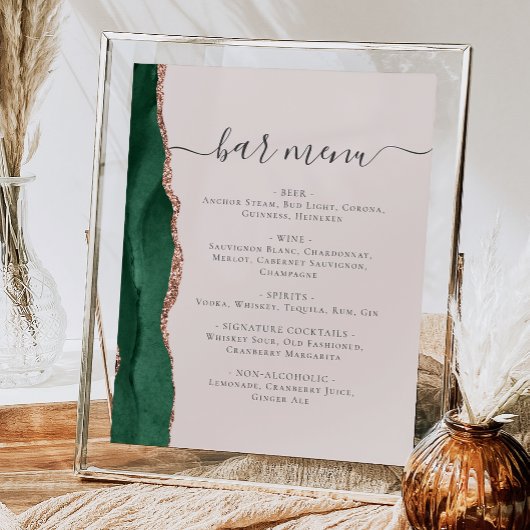Poster Menu du bar de mariage Émeraude Vert Rose Or Agate