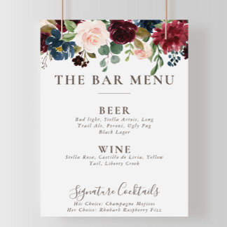 Poster Menu du bar de mariage Fleurs Classiques Fantaisie