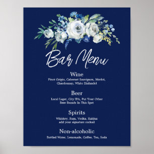 Poster Menu du bar de mariage floral bleu marine moderne