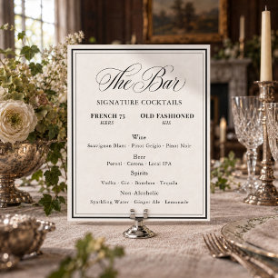 Poster Menu du bar de mariage Noir et Blanc