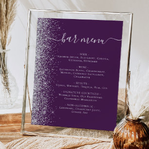 Poster Menu du bar de mariage paillettes argent violet fo