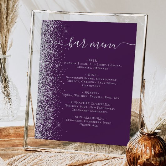 Poster Menu du bar de mariage paillettes argent violet fo
