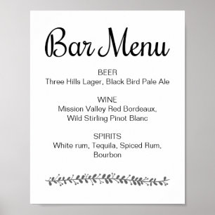 Poster Menu du bar de mariage Panneau de réception élégan