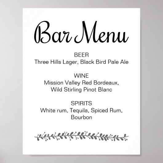 Poster Menu du bar de mariage Panneau de réception élégan (Devant)