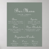 Poster Menu du bar de mariage vert boho (Devant)