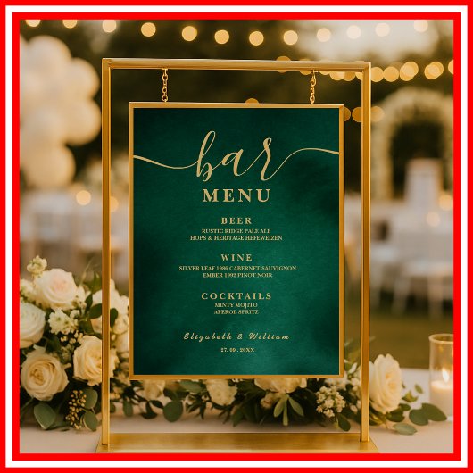 Poster Menu du bar de mariage vert émeraude et or