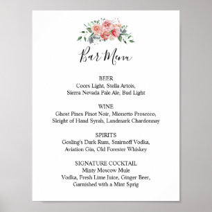 Poster Menu du bar de réception de mariage écriture flora