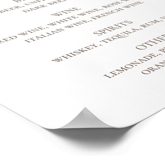 Poster Menu du bar des boissons de mariage rose flush (Coin)