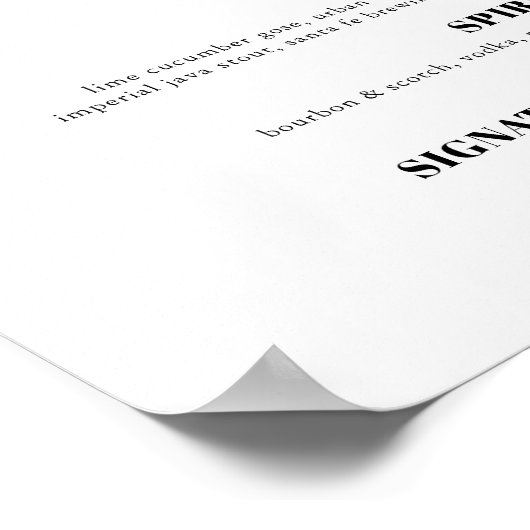 Poster Menu du bar des boissons Mariages élégant et branc (Coin)