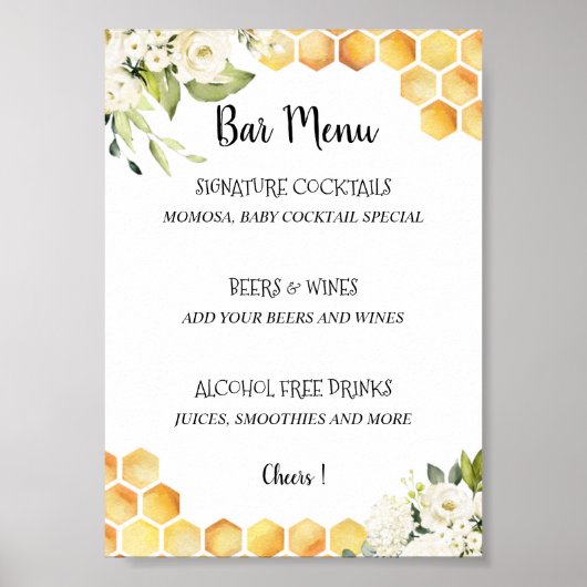 Poster Menu du bar du Baby shower Mommy to Bee (Devant)