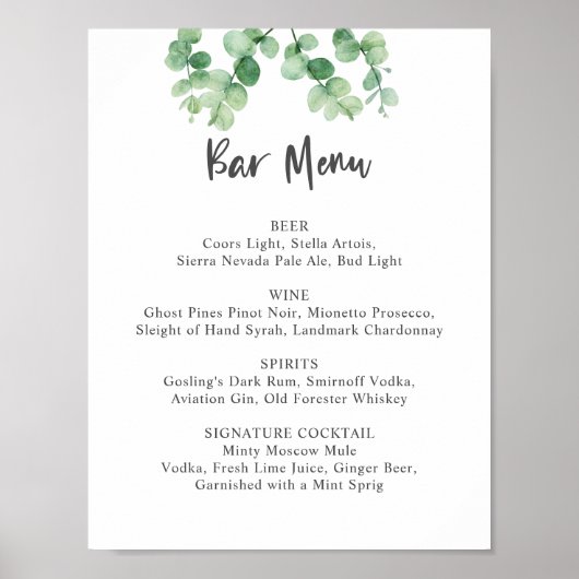 Poster Menu du bar Eucalyptus Mariage Botanique Verdure (Devant)