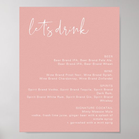 Poster Menu du bar LEAH Vibrant Pastel Rose Let's Drink  (Devant)