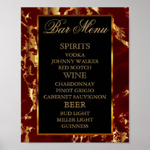 Poster Menu du bar - Marbre Rouge Profond et Or et Noir