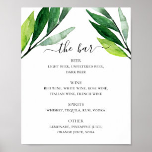 Poster Menu du bar mariage boissons vertes feuillage
