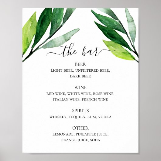 Poster Menu du bar mariage boissons vertes feuillage (Devant)