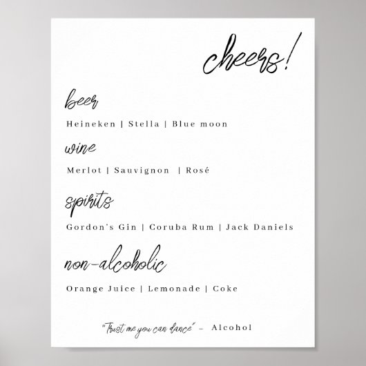 Poster menu du bar mariage - élégance simple (Devant)