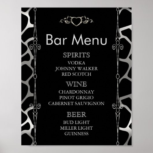Poster Menu du bar - Mariage en Argent et Noir Girafe (Devant)