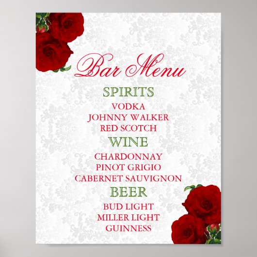 Poster Menu du Bar - Mariage Floral Rose Rouge Profond (Devant)