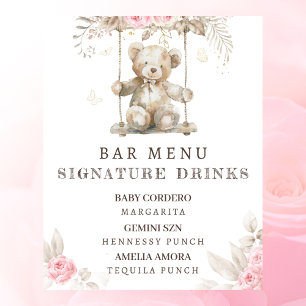 Poster Menu du bar pour Baby Shower Ourson Floral Rose