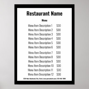 Poster Menu du Modèle du restaurant noir et blanc Affaire
