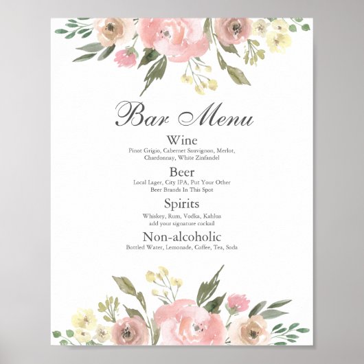 Poster Menu élégant à la barre de Mariage rose pâle (Devant)