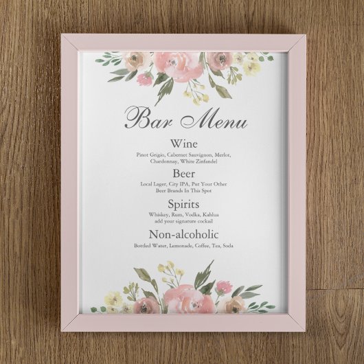 Poster Menu élégant à la barre de Mariage rose pâle